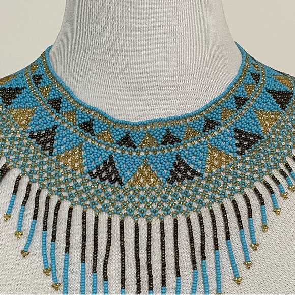 Blue Gold Brown Native American Style Beaded Necklace Collar Handmade - Picture 6 of 7